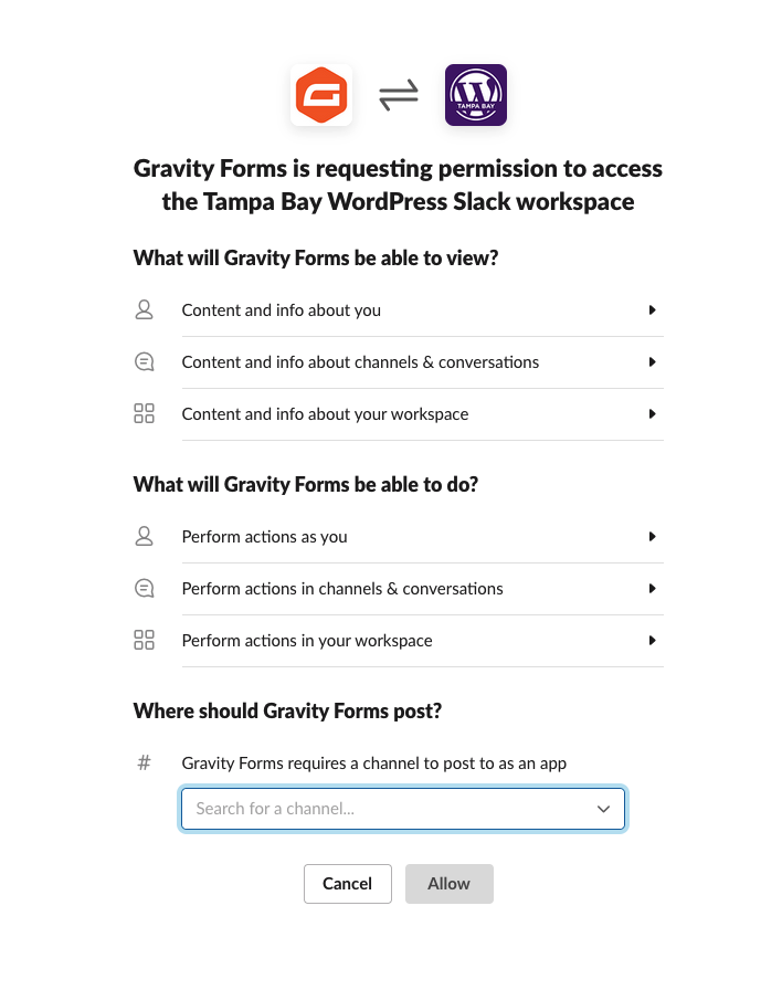 Gravity Forms Slack Add-on Authorization screen requesting authorization to add Gravity Forms to your Slack Organization