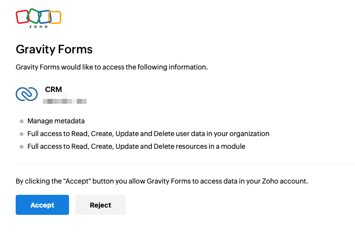 Accept Authorization to allow Gravity API to access data in your Zoho account within the Zoho CRM Addon for Gravity Forms