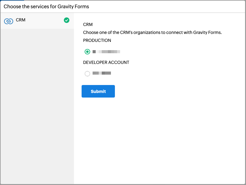 Choose Services to use with Gravity Forms from the Zoho CRM Addon for Gravity Forms