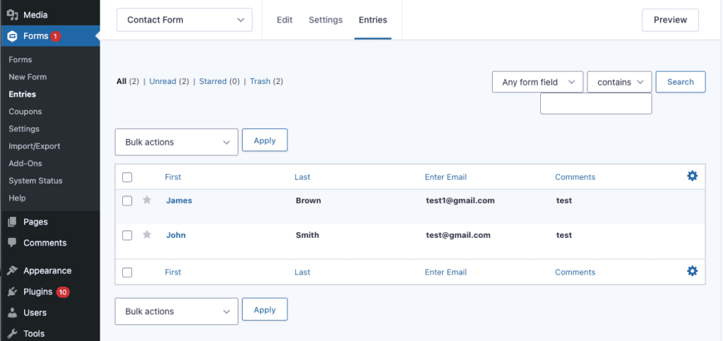 GForms Entry List Page