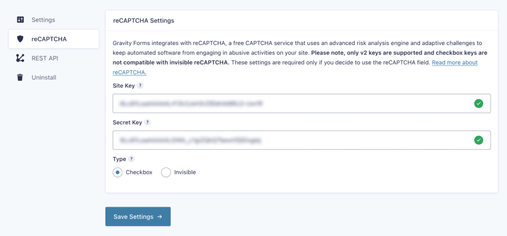 reCAPTCHA Settings in Forms, Settings, reCAPTCHA in Gravity Forms