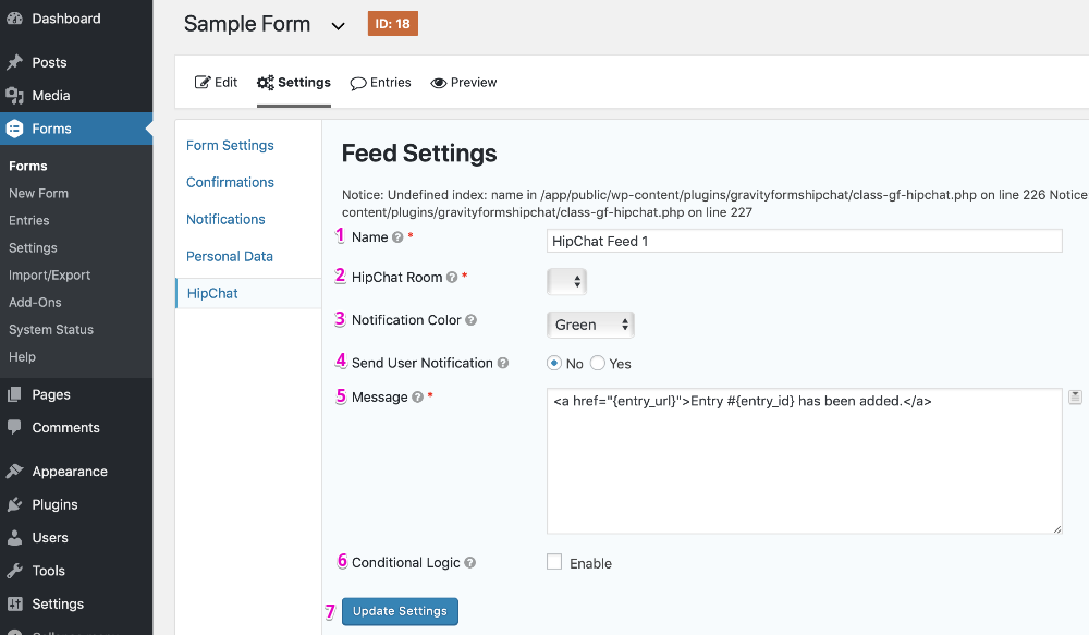 HipChat Form Settings Page