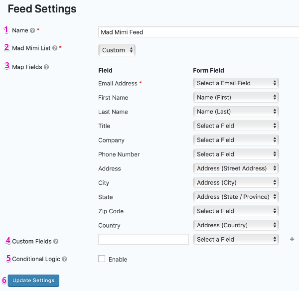 Mad Mimi Feed Settings Page