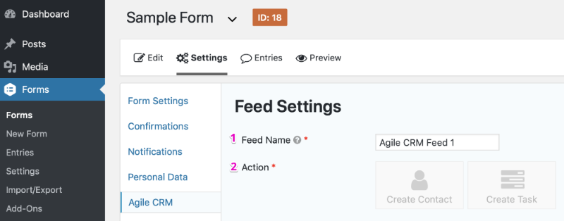 Agile CRM Feed Settings Page