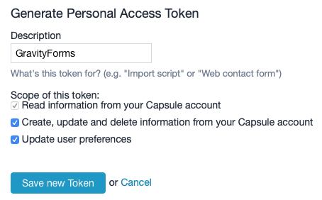 Capsule CRM Generate Personal Access Token Settings