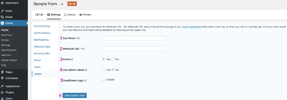 Zapier Feed Settings Page