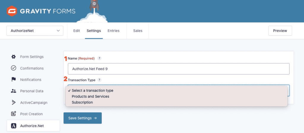 authorize.net feed setup