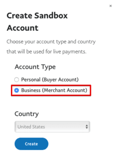 PayPal Create Sandbox Test Account Box
