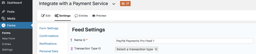 PayPal Payments Pro Feed Settings Page Transaction Type