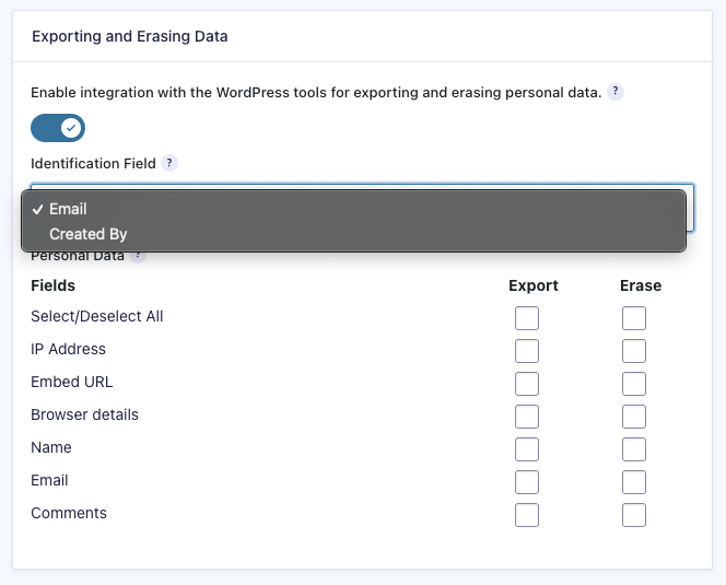GForms Personal Data Settings - Exporting Erasing Data