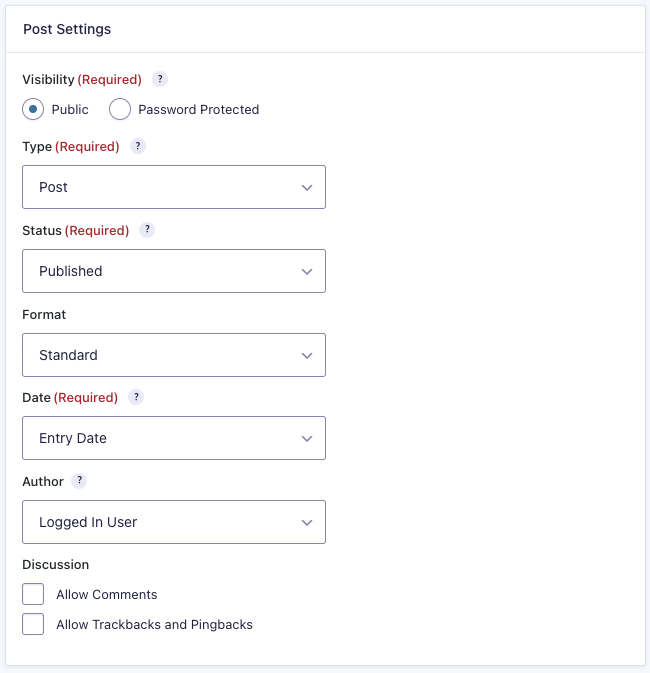 Post Creation Feed Settings Page Post Settings