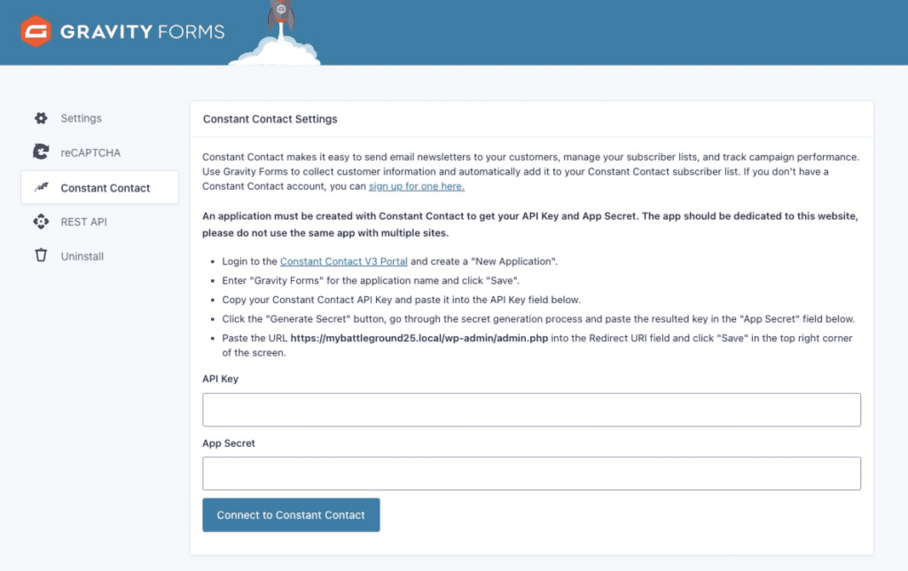 Constant Contact Add-On Settings Page