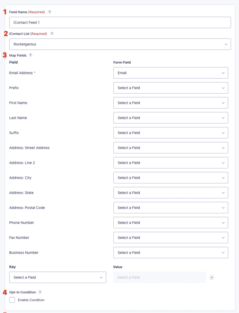 iContact Add-On Feed Settings