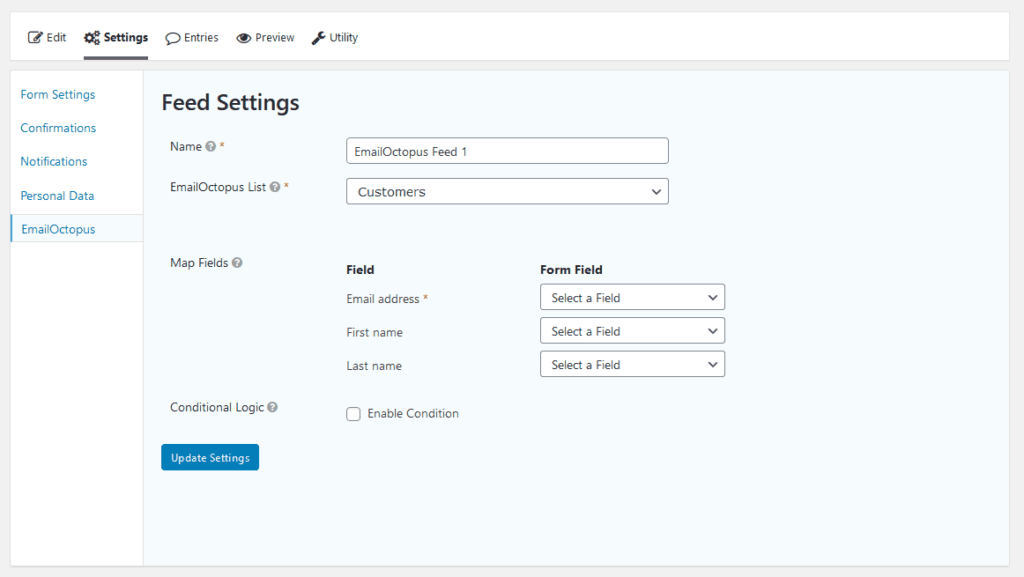 Email Octopus feed settings page
