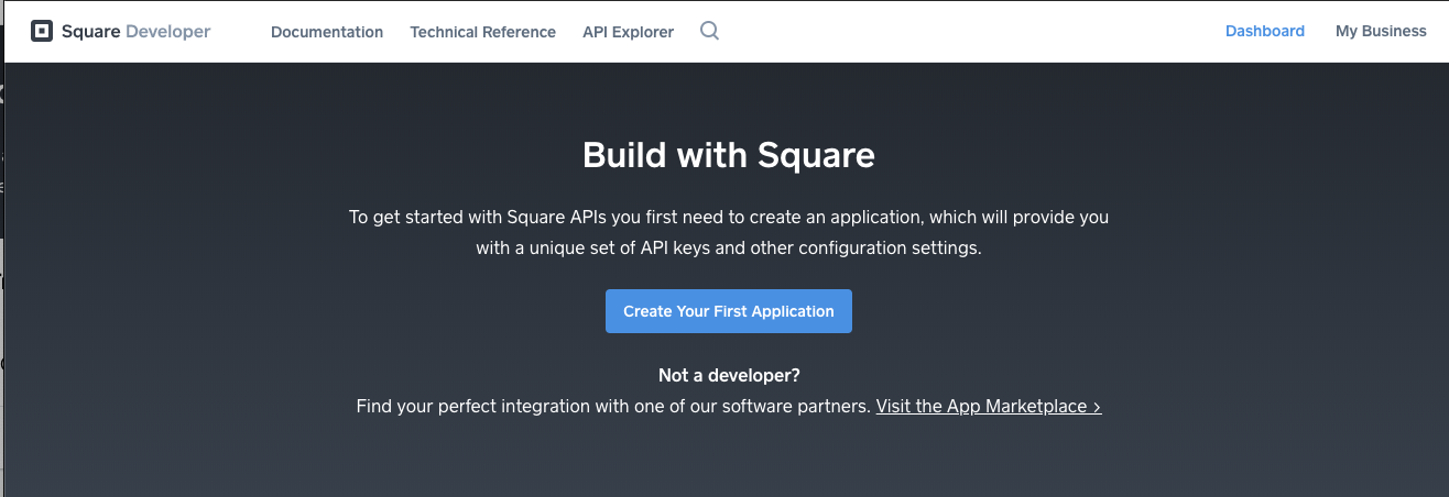 Square Developer Dashboard with prompt to Create a New Application
