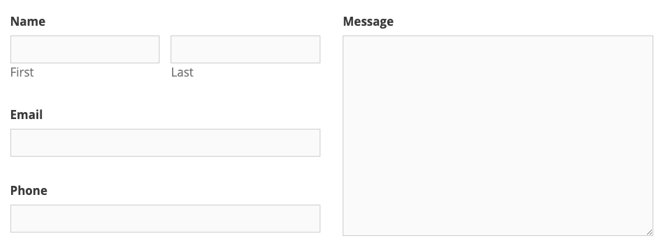 Form demonstrating three fields in three rows (name, phone and email) and a message field spanning all three rows in the column beside it.