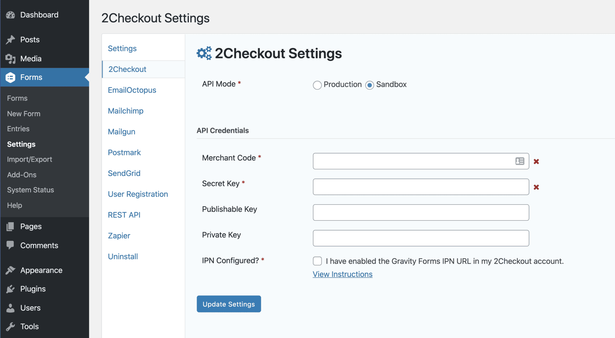 Setting Up the 2Checkout Add-On - Gravity Forms Documentation