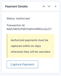 Square Payment Details – Status Authorized Showing Capture Payment