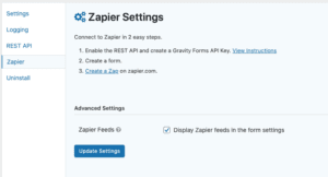 Zapier Add-On Settings under Forms, Settings, Zapier providing ability to toggle visibility of Zapier Feeds.