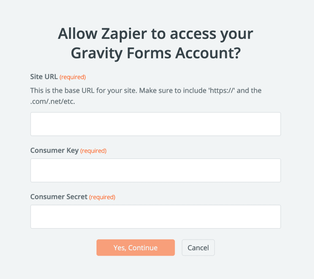 Authentication dialogue from Zapier to Gravity requesting access to your REST API settings