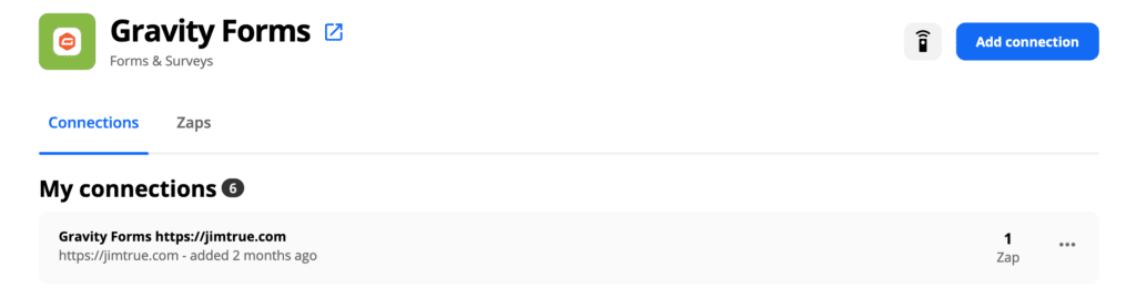 Gravity Forms App Connections at Zapier Dashboard