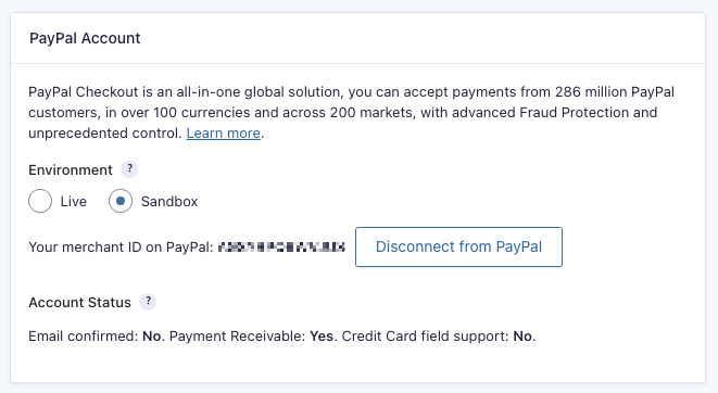 PayPal Commerce Platform Merchant ID and Disconnect button