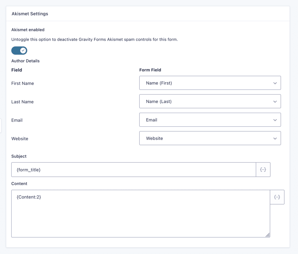 Screenshot of the Gravity Forms Akismet Add-On form level settings options. 