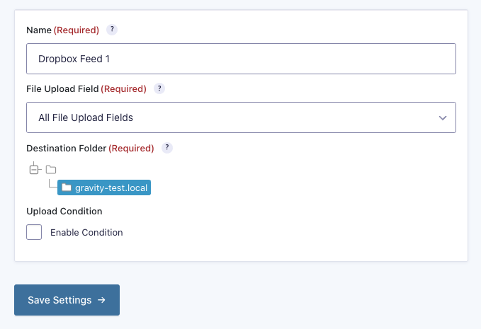 Dropbox Feed Settings Page