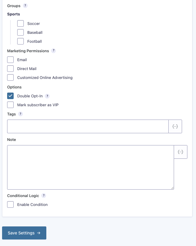 Screenshot Mailchimp Feed Settings for Reference Part 2