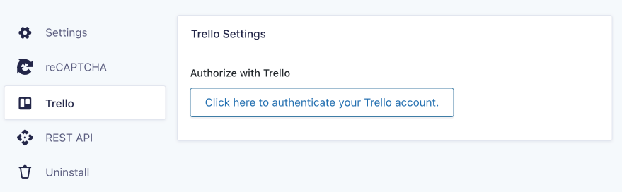 Gravity Forms Settings for Trello to Authorize with Trello account.