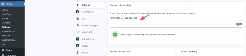 WordPress General Settings License Key