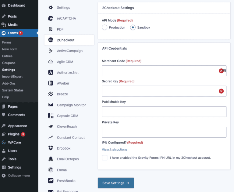 Setting Up the 2Checkout Add-On - Gravity Forms Documentation