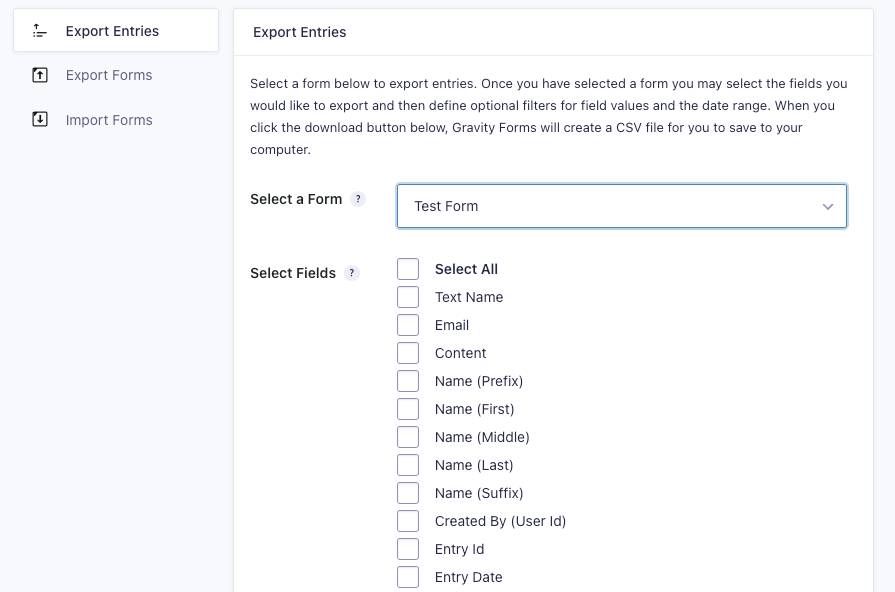 Gravity Forms Export Entries Select Fields