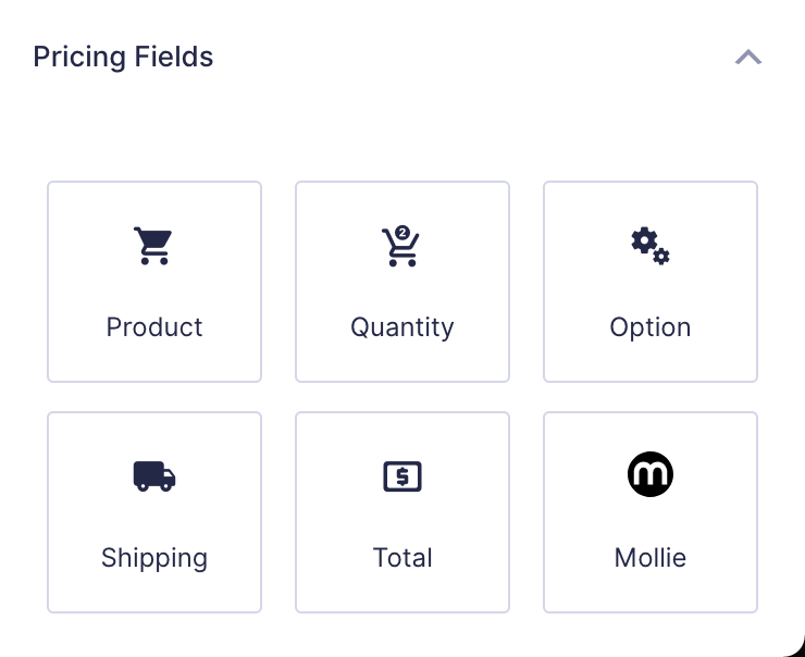 Mollie field listed under Add Fields sub tab Pricing Fields