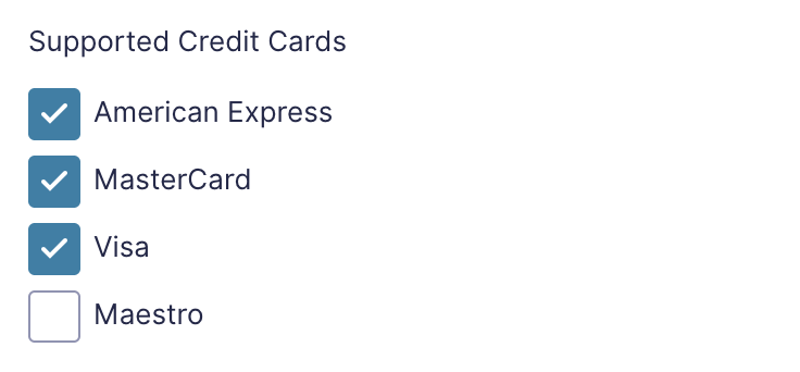 Supported Credit Cards in field settings