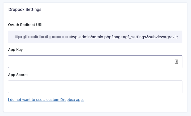 Screen shot of GForms Custom Dropbox settings