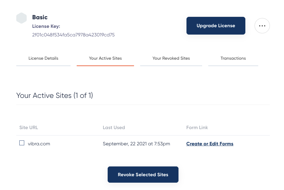 Screenshot of Manage License Settings - Your Active Sites