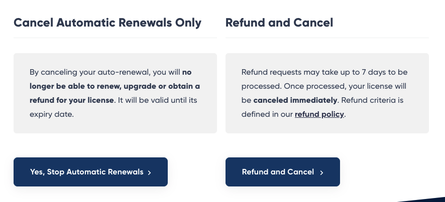 Screenshot of Cancel/Refund License