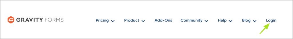 The Gravity Forms website top navigation bar, showing the login action.