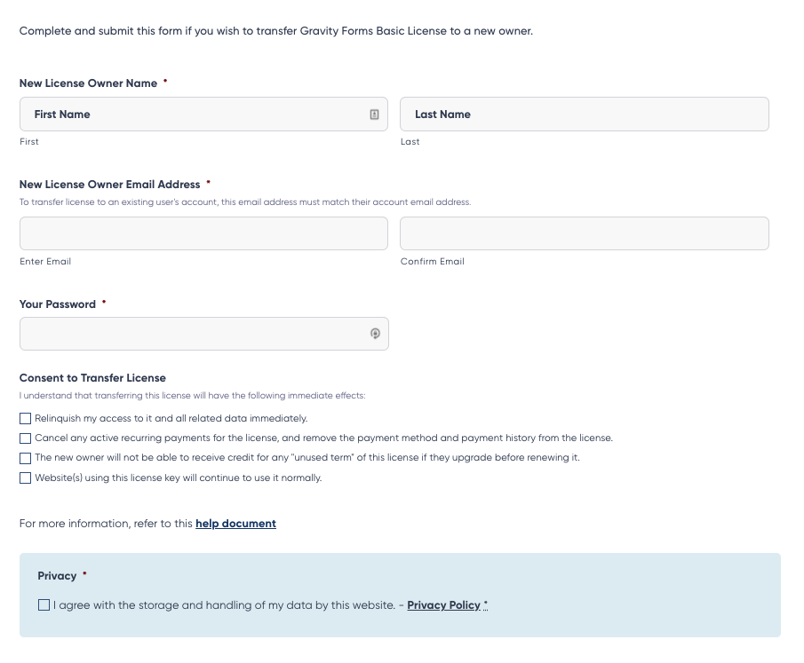 Screenshot of Transfer License Form