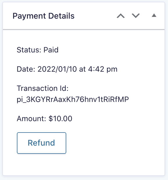An example payment details block showing the refund button. 