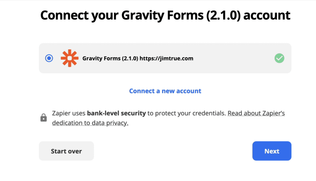 Zapier Transfer screen for connecting to your Gravity Forms account.