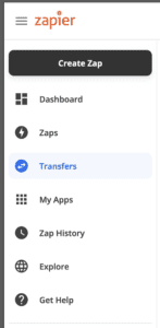 Zapier dashboard menu showing Zapier Transfers