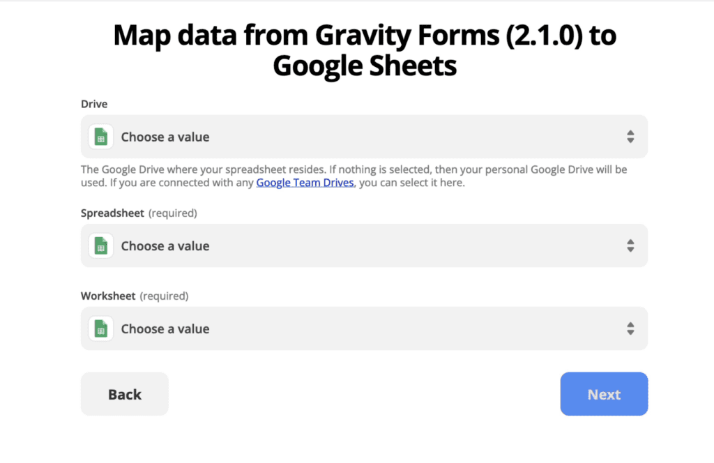 Zapier Transfer screen for mapping data from Gravity Forms to your Destination application. In our example, we used Google Sheets.