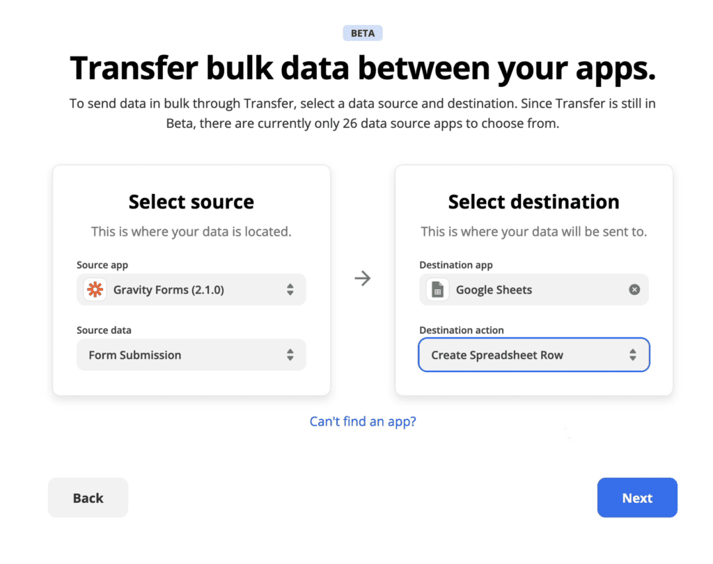 Zapier Transfer screen for selecting source and destination applications.