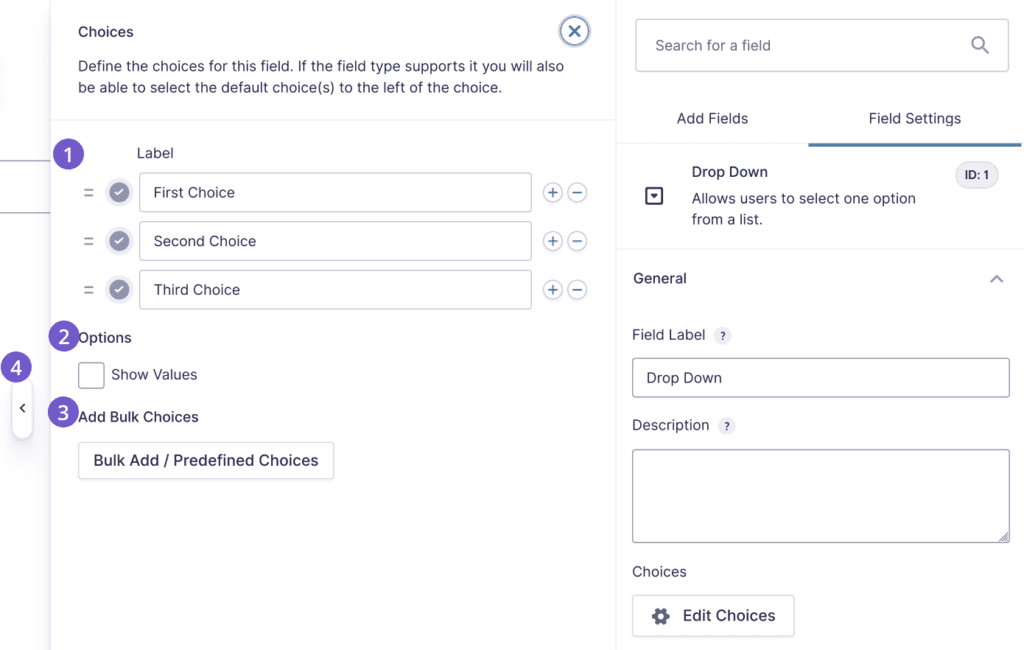 Areas of the Edit Choices flyout added in Gravity Forms 2.6 allowing the editing of choices for multiple choice fields.