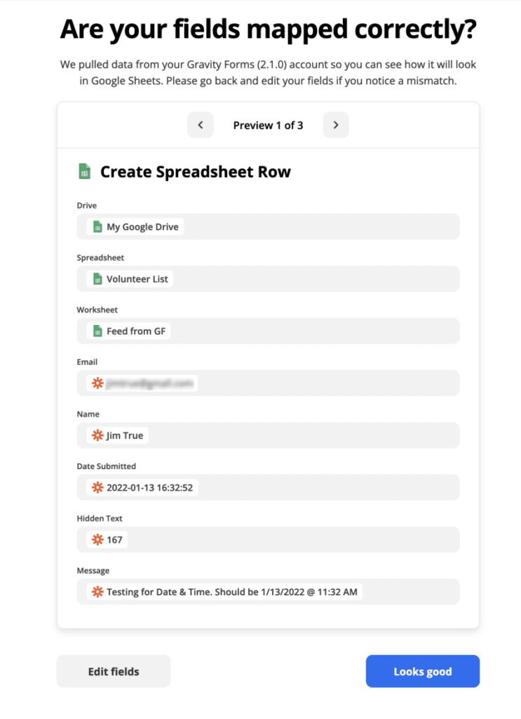 Zapier Transfer screen for confirming field mapping is correct.