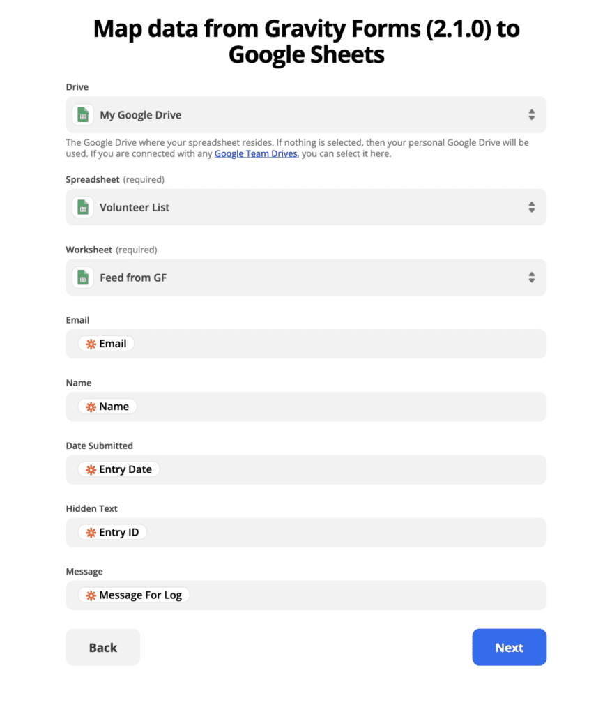 Zapier Transfer screen for mapping field data from Gravity Forms to Google Sheets.