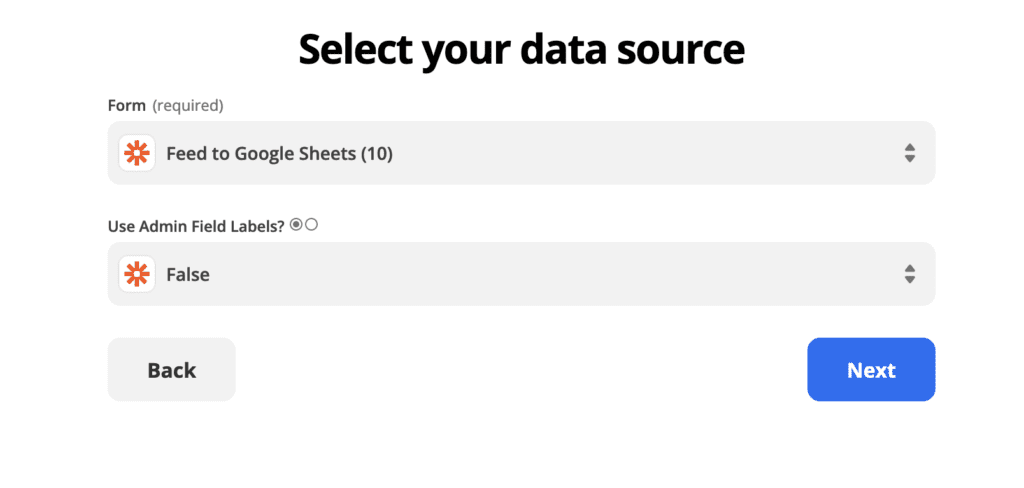 Zapier Transfer screen for selecting your data source from Gravity forms including the specific form and whether to use Admin Labels or not.