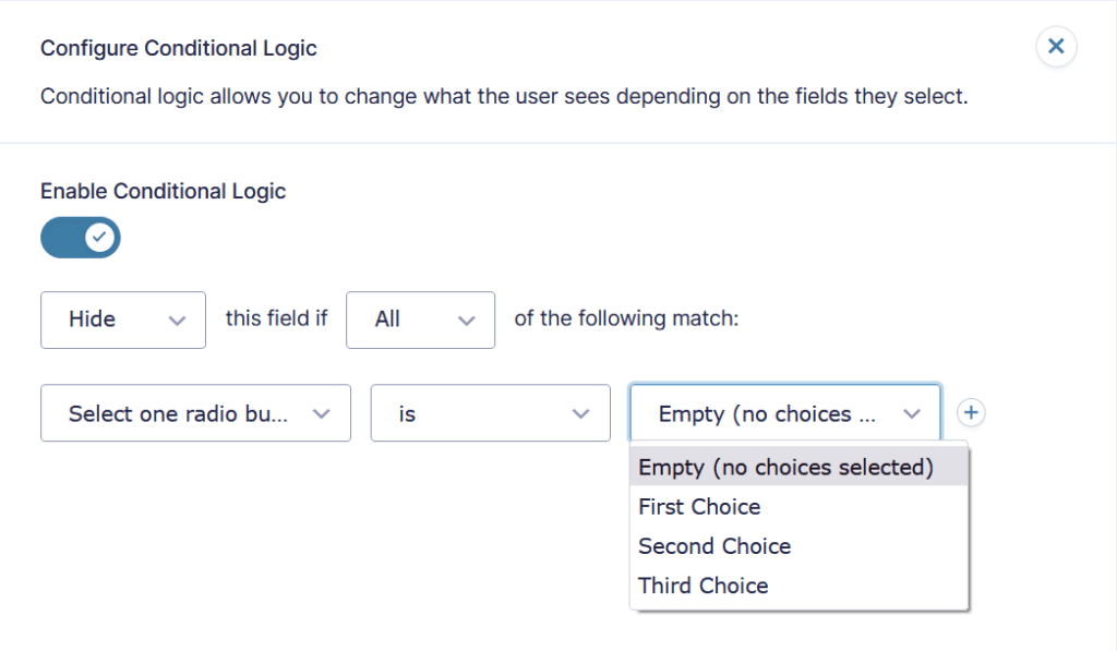 Screenshot showing conditional logic configuration for when no choice is made in a choice-based field